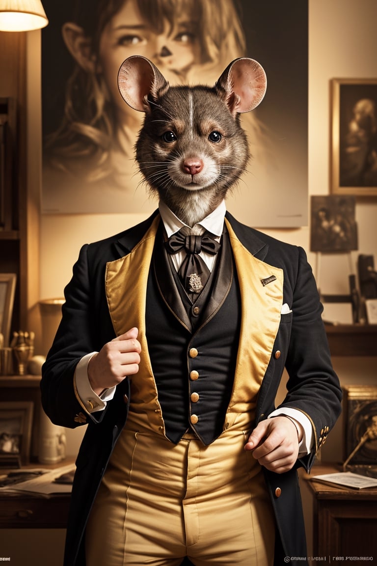 chibi, perfect-composition, Perfect pictorial composition, Creative poster, A big rat dressed as a gentleman from 1850, (Best Quality:1.2), (Ultra-detailed), (Photorealistic:1.37), (HDR), (Vivid colors), (portrait of a), (Warm and bright color tones), (Soft diffuse lighting)