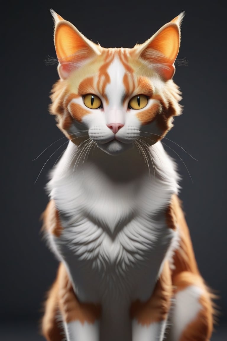 Masterpiece. An insanely full body detailed woman-cat. Beautiful orange hair, burst orange, black, and gray skin with cat fur, a cat white and orange tail, eyes of cat, she is a hybrid of woman and cat, she is tall and fit, ultra-realistic, cinematic lighting, super-fine quality. Woman's face and breast, without human ears. inside a hoise