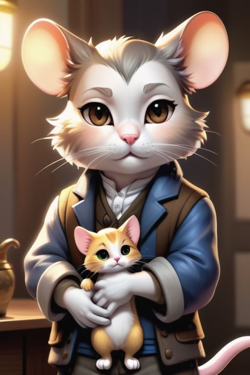 chibi, perfect-composition, Perfect pictorial composition, Creative poster, A big Mouse-man dressed with clothes from 1850, with a cat on his arms, (Best Quality:1.2), (Ultra-detailed), (Photorealistic:1.37), (HDR), (Vivid colors), (portrait of a), (Warm and bright color tones), (Soft diffuse lighting)