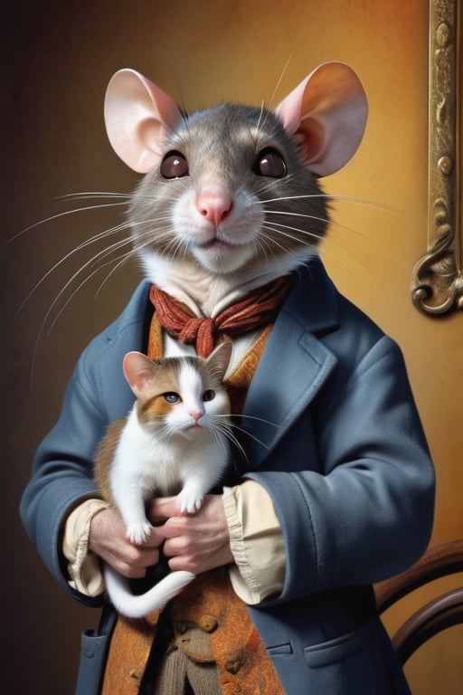 perfect-composition, Perfect pictorial composition, Creative poster, A big Rat-man dressed with clothes from 1850, holding a domestic cat on his arms, (Best Quality:1.2), (Ultra-detailed), (Photorealistic:1.37), (HDR), (Vivid colors), (portrait of a), (Warm and bright color tones), (Soft diffuse lighting)