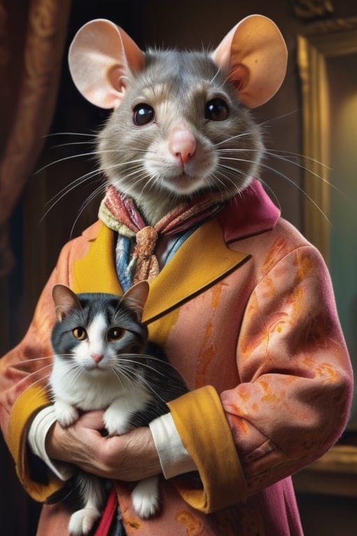 perfect-composition, Perfect pictorial composition, Creative poster, A big Rat-man dressed with clothes from 1850, holding a domestic cat on his arms, (Best Quality:1.2), (Ultra-detailed), (Photorealistic:1.37), (HDR), (Vivid colors), (portrait of a), (Warm and bright color tones), (Soft diffuse lighting)