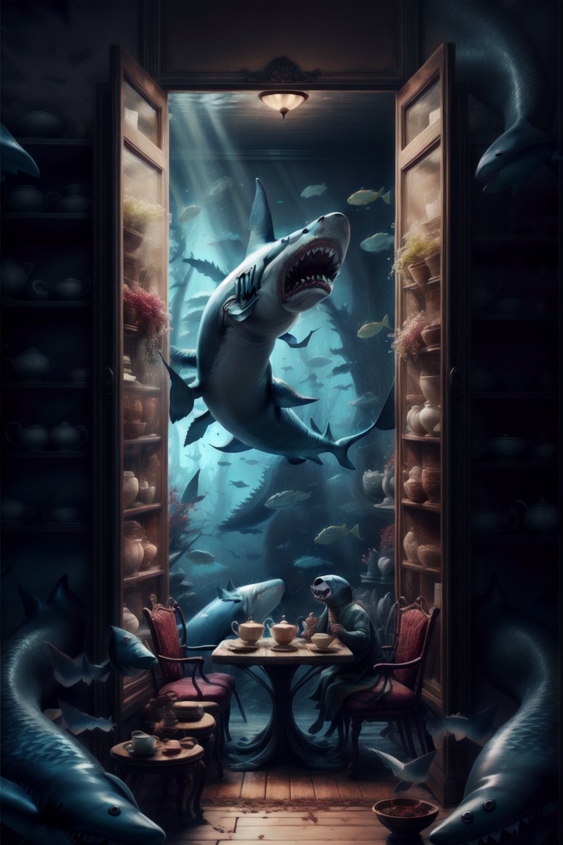 sharks with a lot of teeth drinking tea sitted on a table with a granny with a closet with transparent window showing a big collection of cups of tea