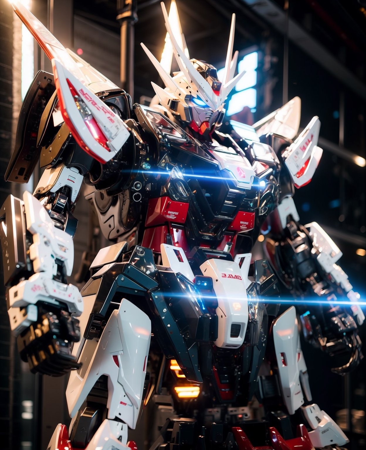 BJ_Gundam, solo,full body,Metal mecha,blue_eyes, holding, weapon, holding_weapon, no_humans, glowing, robot, mecha, science_fiction, open_hand, v-fin,cinematic lighting,strong contrast,Best quality,masterpiece,(perfect fit:0.85),photo-realistic,BJ_Gundam