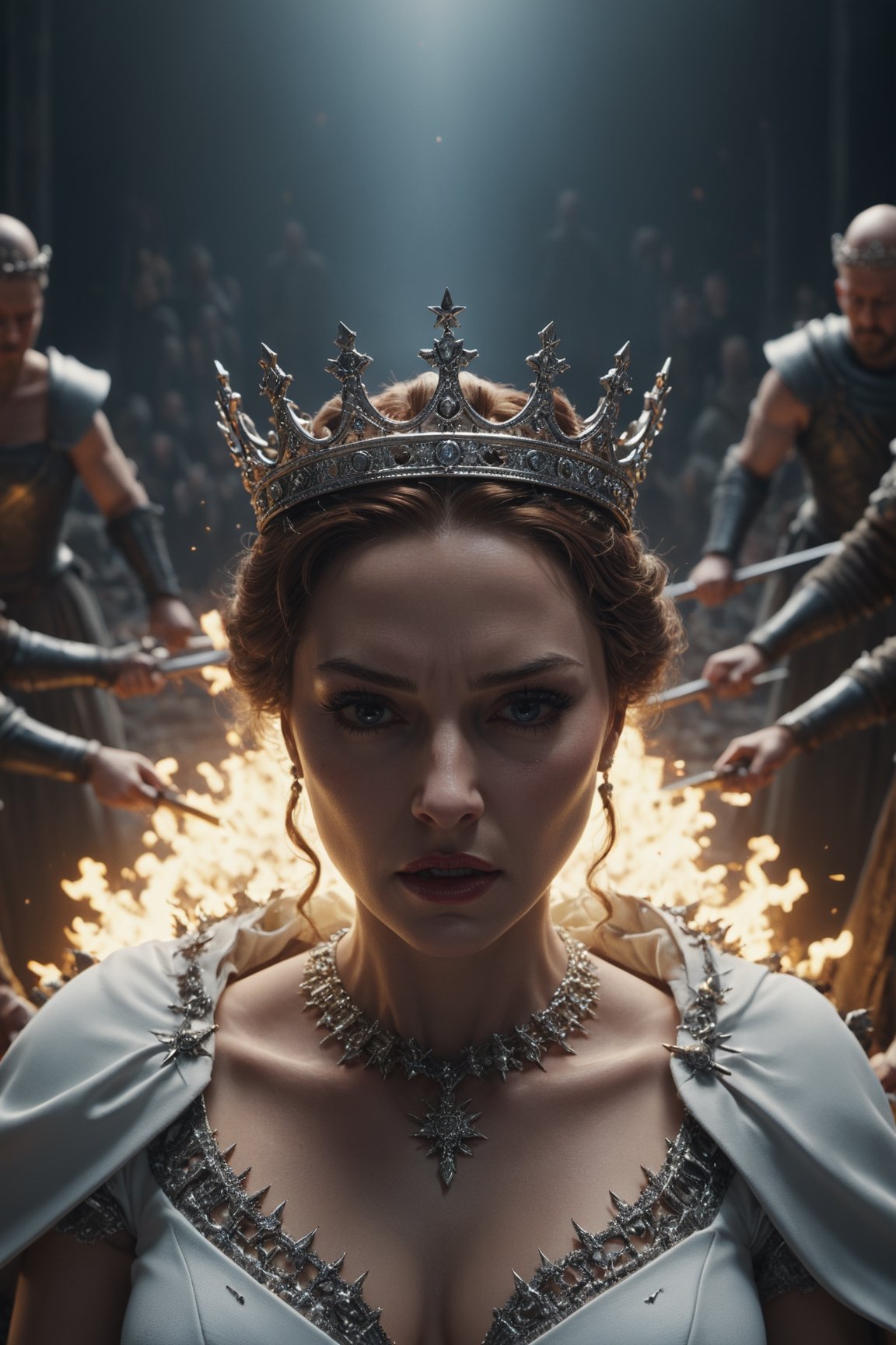 3D render of,the beheading of a queen wide angle top down view::200,Cinematic shot, professional photo, Landscape, cinema 4D, dynamic composition, incredibly detailed, sharpen, details 100 Professional lighting, 35mm, anamorphic, lightroom, cinematography, bokeh, lens flare, shutter speed 1