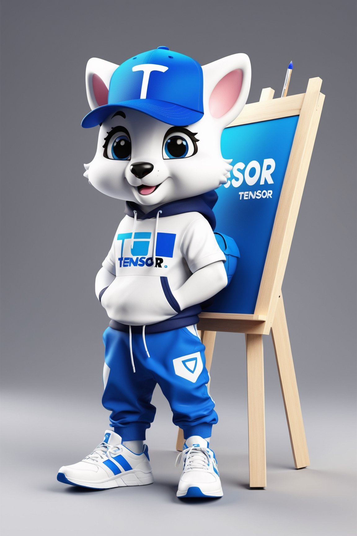 create a mascot for tensor.art, it must include cuteness, adventurous, smart, vibrant color, clean design, futuristic, artistic,pants, hightop sneakers, modern, color is blue and white, tensor logo in the chest, art easel and supplies in the background