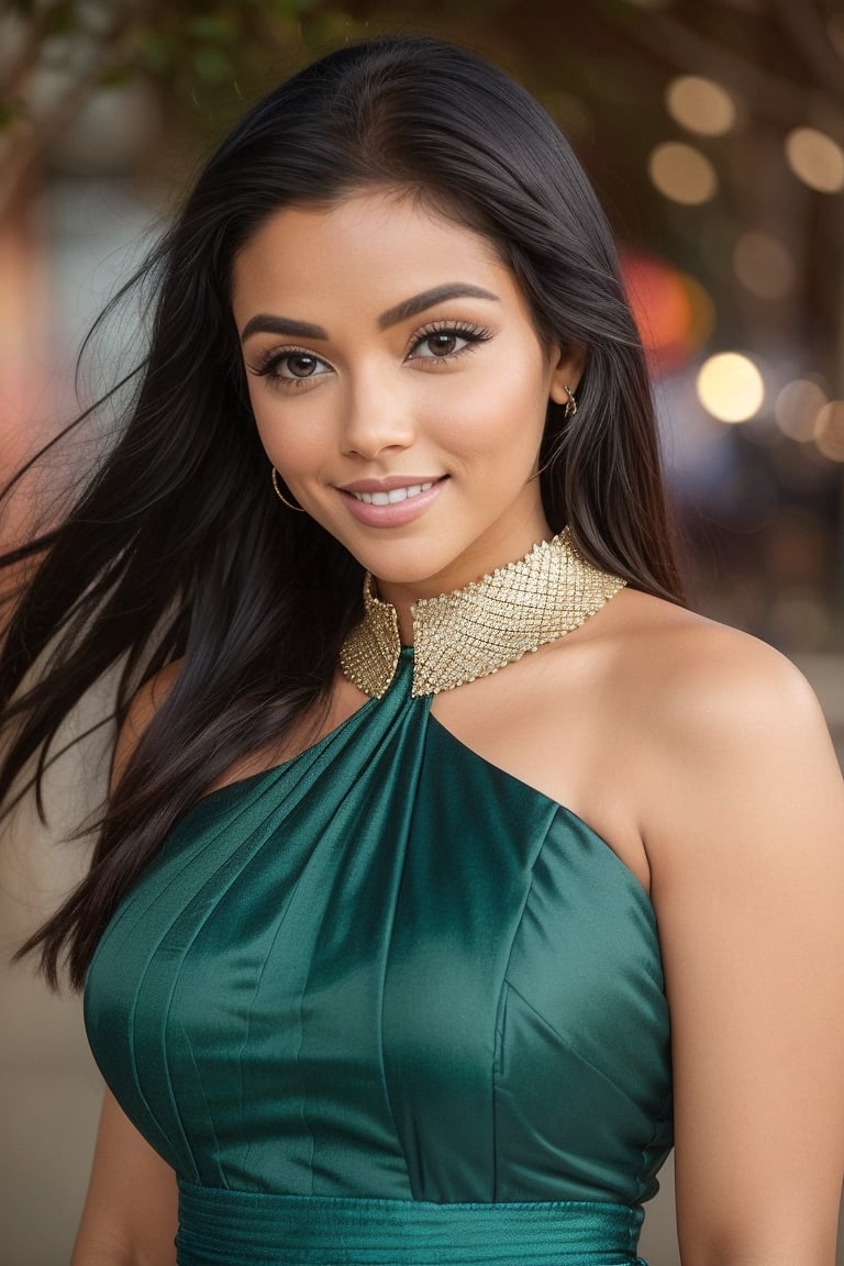 portrait photo of Asin SD, outdoors, realistic skin texture, smiling, looking looking at viewer, high collar dress, smiling, night time, beautiful bokeh ,Asin SD