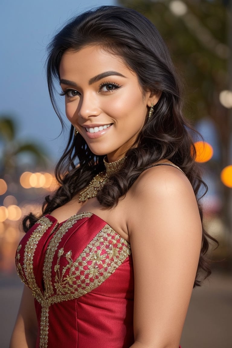 hires portrait photo of Asin SD, outdoors, realistic skin texture, smiling, looking looking at viewer, high collar dress, smiling, night time, beautiful bokeh,Asin SD