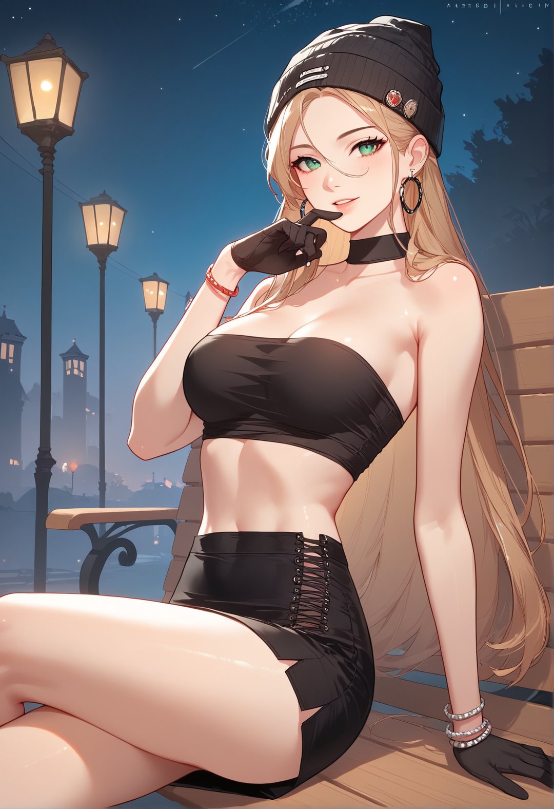 score_9, score_8_up,masterpiece, high resolution, extremely detailed, source_anime,
BREAK
1woman, 18 years old, blonde long hair, pale skin, double eyelids, slim fit body, (beautiful pure girl), looking at viewer,
 BREAK
Modern fashion, Black tube top, short skirt, black beanie, accessories, bracelet, gloves
BREAK
Modeling poses, relaxed posing on bench 
BREAK
On Night street, night sky, vibrant city