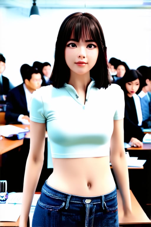 1 girl, naked_shirt,

in an office with many people