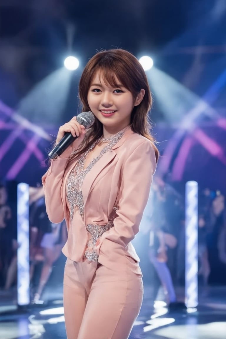 A glamorous K-pop star stands center stage, exuding elegance and charm. The scene is set in a grand concert hall, with spotlights creating a dramatic effect, highlighting her flawless makeup and luxurious attire. She poses with a confident smile, holding a microphone, her posture reflecting poise and sophistication. The background is filled with vibrant, colorful lights, enhancing the atmosphere of a high-energy performance. The composition captures her star power and the electrifying ambiance of a K-pop concert.