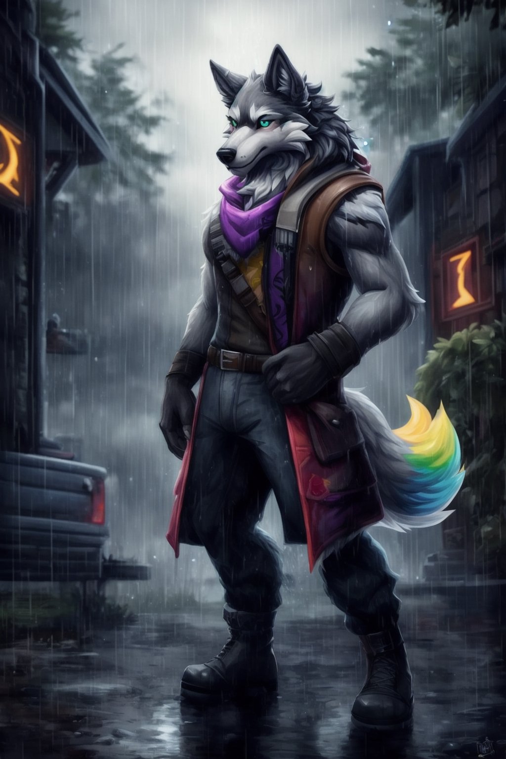 full_body, full-body_portrait, raining,  detailed background, high_resolution,  high_res, detailed, male, fluffy, realistic,  colored fur, colorful, max tier dire, fortnite, wolf, nj5furry