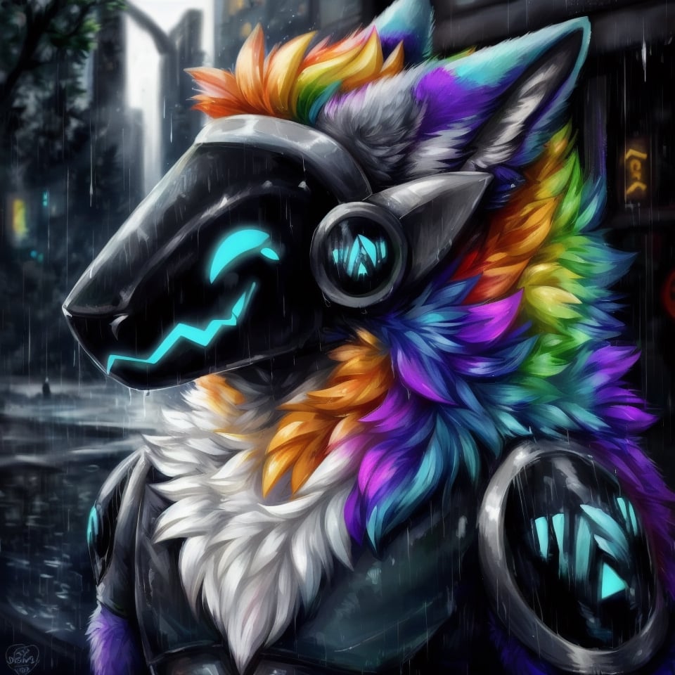 full_body, full-body_portrait, raining, detailed background, high_resolution,  high_res,  detailed,  male, realistic, fluffy, colorful, wolf, eye glow,nj5furry,protogen