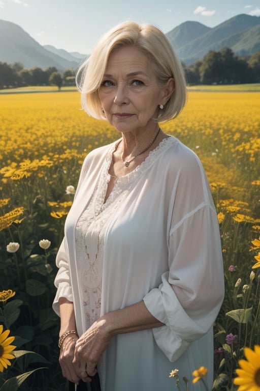 Blonde hair, flower_field, Seventy year old woman,
