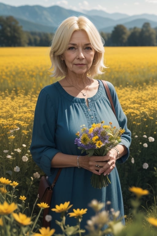 Blonde hair, flower_field, 70 year old woman,
