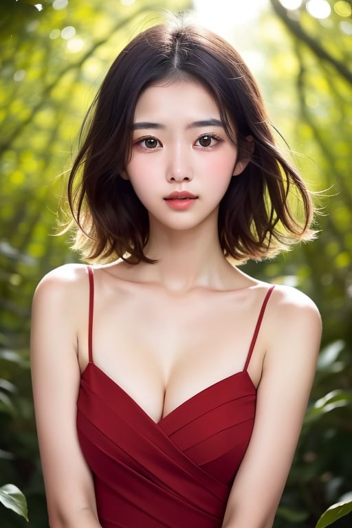 short_hair, beautiful_korean_girl, 
red_dress,
red cheeks, 
beautiful and detailed eyes, 
calm expression, 
delicate facial features,
delicate facial features,
medium breasts, 
full body, 
detailed flowers, 
bright scene, 
bright backlighting, 
morning, 
dazzling sunlight flowing through the forest, 
hair blown by the breeze,