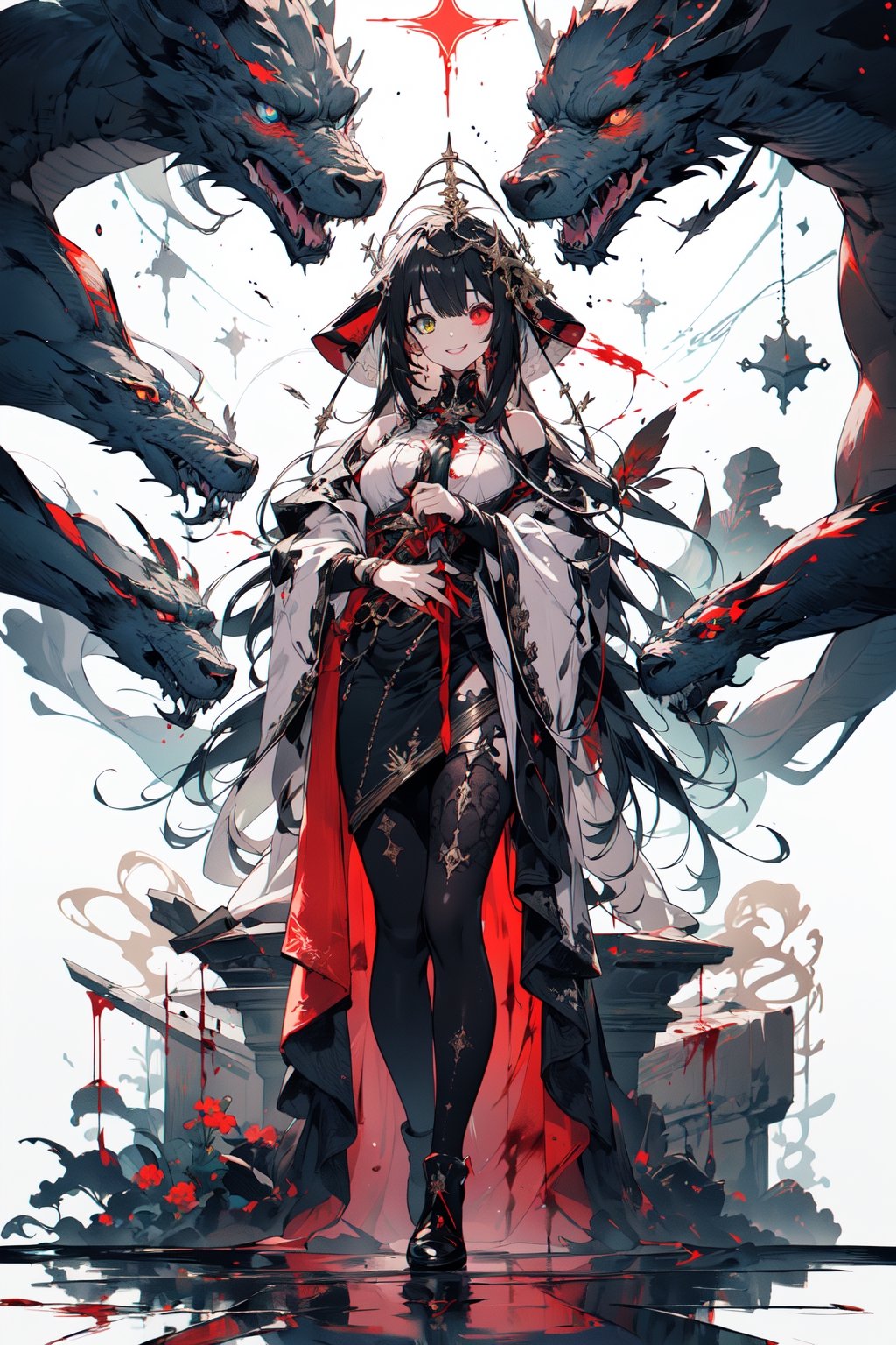 ((masterpiece)), (best quality), (ultra detailed) 1 girl, Surrounded by demons, he is covered in blood and dressed in a tattered white priest's uniform.（Battle）White priest with a crazy smile working, glitter, heterochromia, perfect medium breast,High detailed ,midjourney, fullbody,