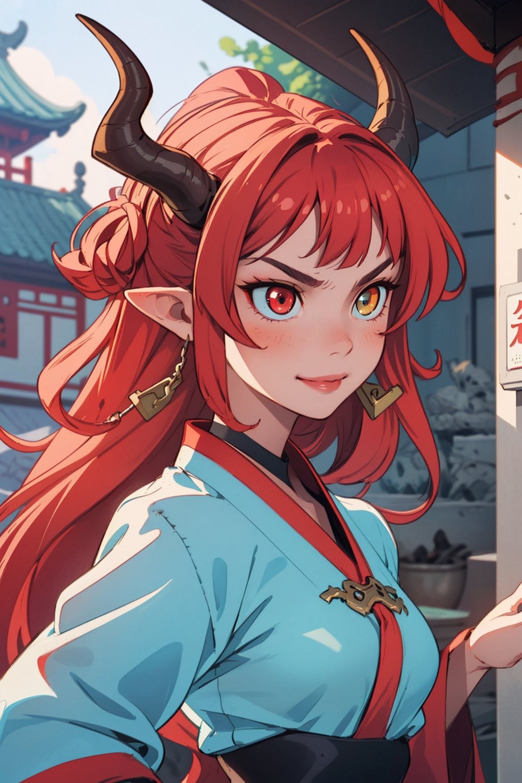 (masterpiece, best quality, ultra-detailed, best shadow), dragon woman, long hair, friendly face, light blue martial arts master outfit, light red hair, dragon horns with red tips, dragon tail, light red eyes, pointed horns, small breasts, beautiful, the woman who reflects the sun, the emperor's right hand, tail attached to the body, The master of manipulation, chinese temple,pointy ears,serious face , calm smile ,red tail with light blue parts,dragon horns, gold jewelry, silver ring, diamond chain,Rich woman, heterochromia, perfect medium breast, glowing eyes,Pixel art