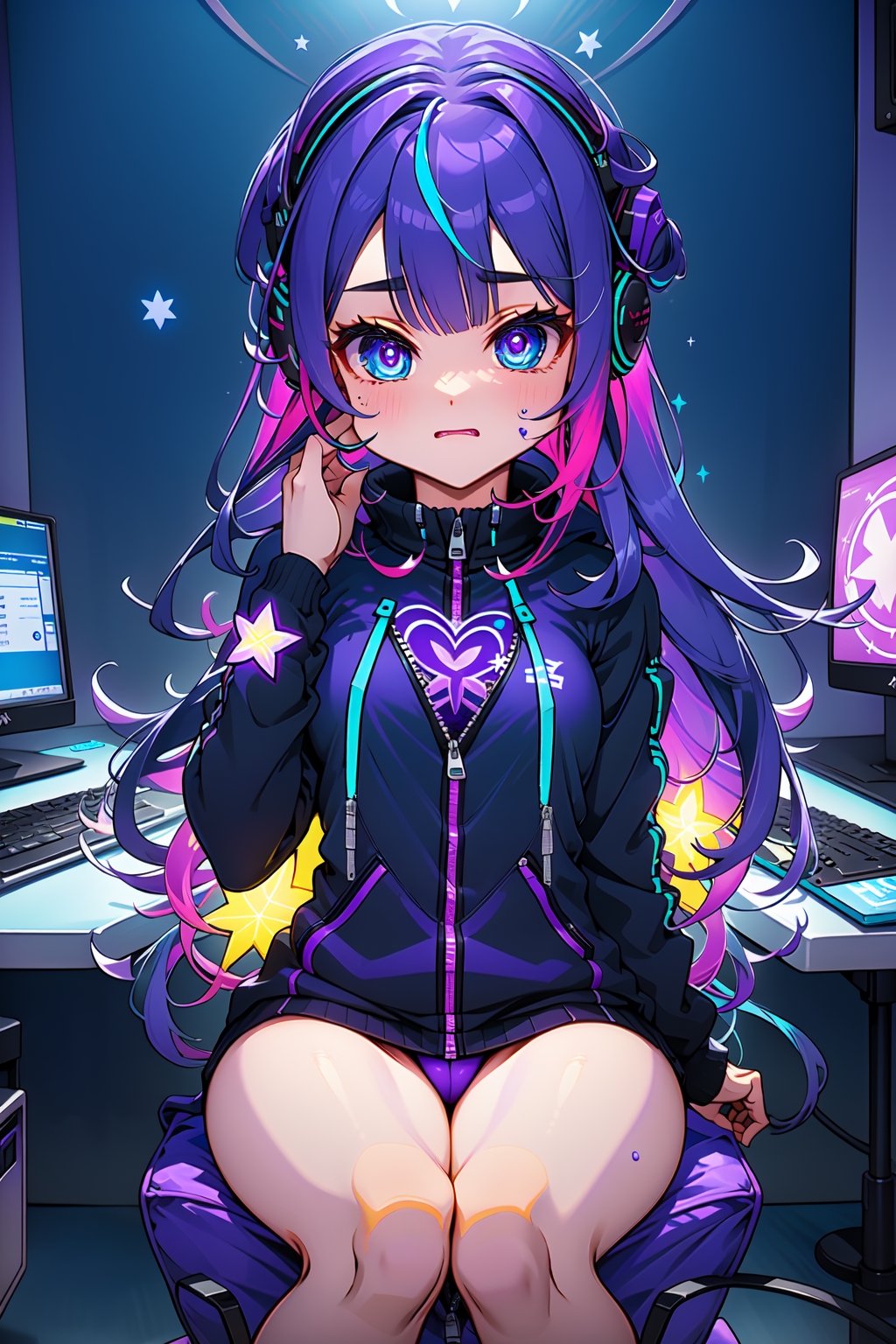 (((master piece, best quality))), (((sharp focus))), 1girl, (((long black hair))), very long hair, (((multicolored hair, gradient hair, two-tone hair, blue hair, purple hair:1.2))), (((glowing blue eyes))), (((star-shaped pupils))), a e-girl playing in a computer, gaming headphones, (Black sweatshirt with zipper open:1.4), (uncover body:1.2), (cotton underwear:1.4), sitting in a game chair, (fish eye lent:0.9), detalied dark bedroom illuminated with rgb, ((clothes are open)), PinchingPOV, 