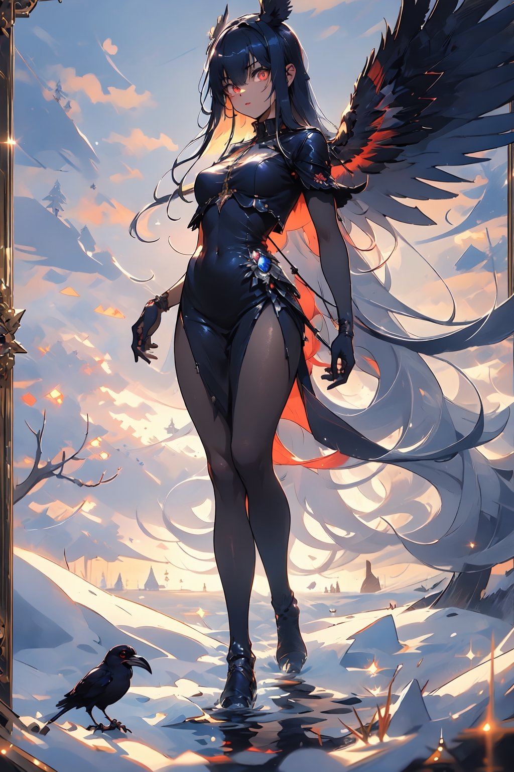 ((masterpiece)), (best quality),masterpiece, best quality, movie still, 1girl, monstergirl, crow woman, full body, portrait, detailed (eyes), long (hair), perfect body, proportional body, crow|raven wings,  full_body, cold soft lighting, sunset, (aura:0.7), perfect medium breast, 