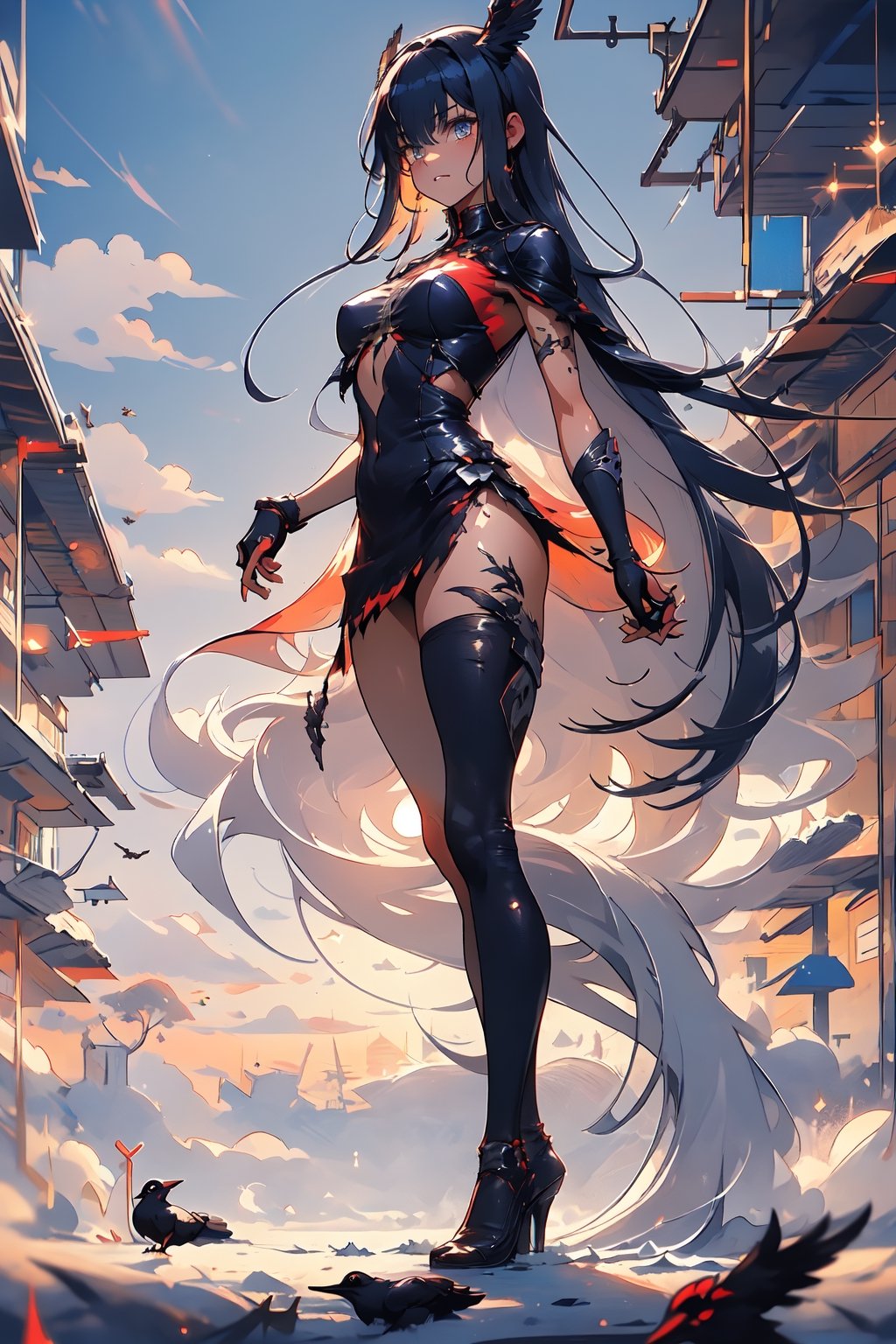 ((masterpiece)), (best quality),masterpiece, best quality, movie still, 1girl, monstergirl, crow woman, full body, portrait, detailed (eyes), long (hair), perfect body, proportional body, crow|raven wings,  full_body, cold soft lighting, sunset, (aura:0.7), perfect medium breast, 