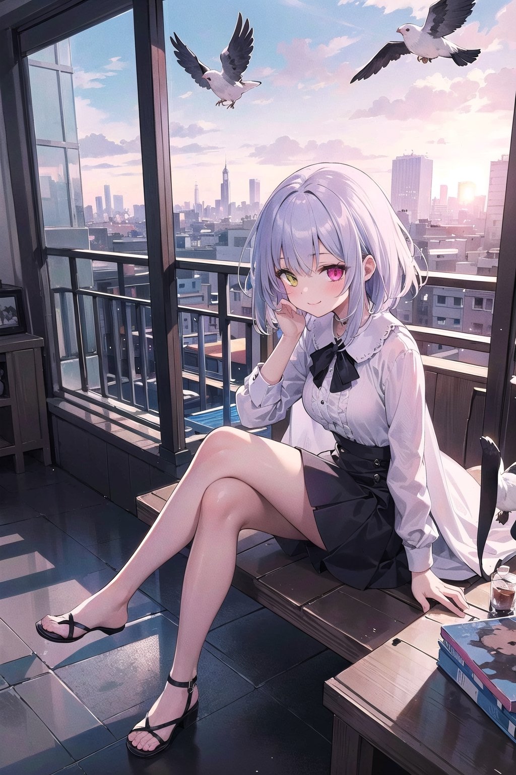 ((masterpiece)), (best quality), (best quality,4k,highres),Anime style, manga art, Light smiling, blossoms around her, kittens and tiny pet birds around her, Sunset sky, colouful clouds, intricate details Ultra detailed centered. Side view: A beautiful girl sits with crossed legs and watch the city buildings at her balcony and her hand under her chin, Mysterious, heterochromia, perfect medium breast, full_body, glowing eyes,