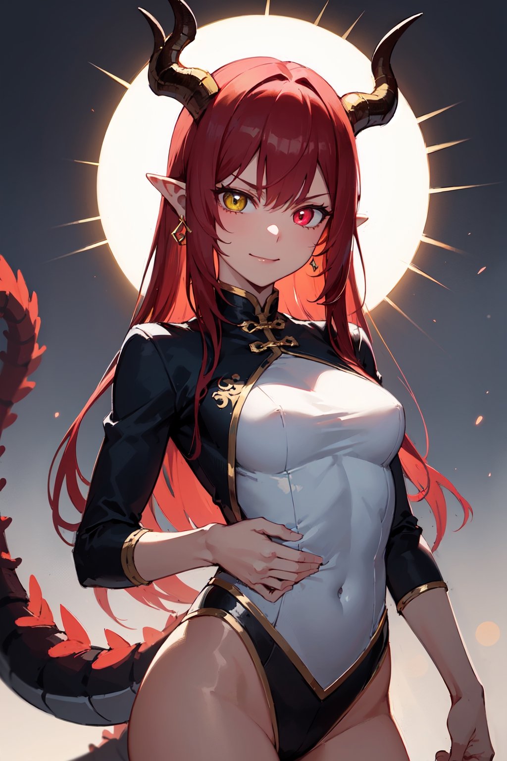 (masterpiece, best quality, ultra-detailed, best shadow), dragon woman, long hair, friendly face, light blue martial arts master outfit, light red hair, dragon horns with red tips, dragon tail, light red eyes, pointed horns, small breasts, beautiful, the woman who reflects the sun, the emperor's right hand, tail attached to the body, The master of manipulation, chinese temple,pointy ears,serious face , calm smile ,red tail with light blue parts,dragon horns, gold jewelry, silver ring, diamond chain,Rich woman, heterochromia, perfect medium breast, glowing eyes