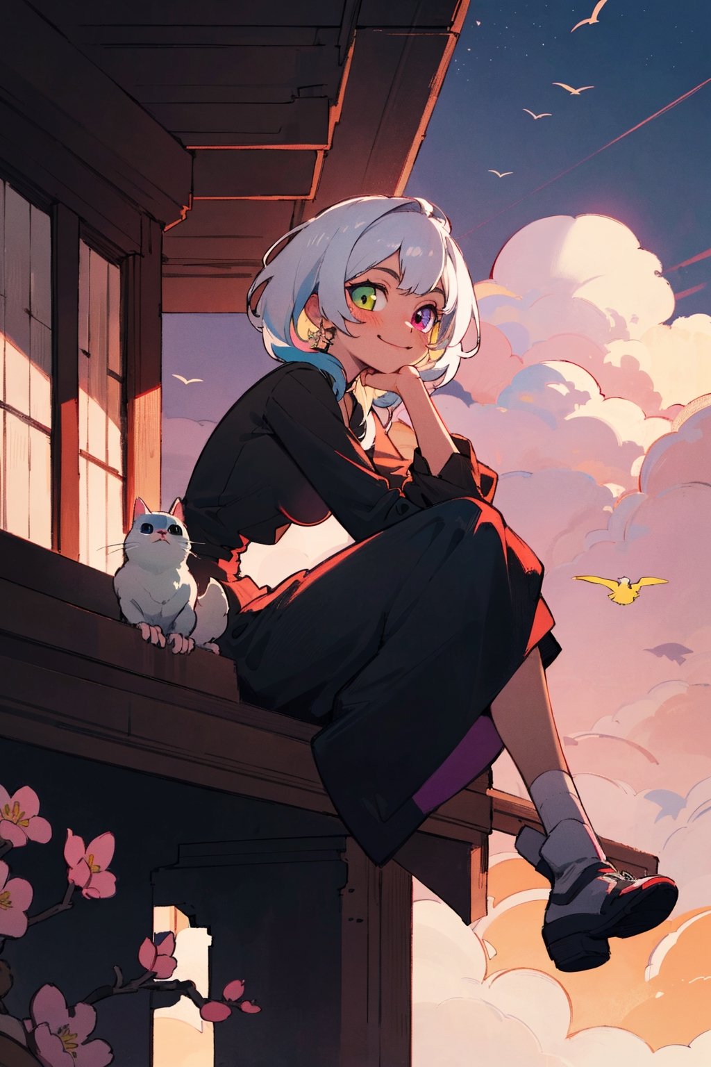 ((masterpiece)), (best quality), (best quality,4k,highres),Anime style, manga art, Light smiling, blossoms around her, kittens and tiny pet birds around her, Sunset sky, colouful clouds, intricate details Ultra detailed centered. Side view: A beautiful girl sits with crossed legs and watch the city buildings at her balcony and her hand under her chin, Mysterious, heterochromia, perfect medium breast, full_body, glowing eyes,