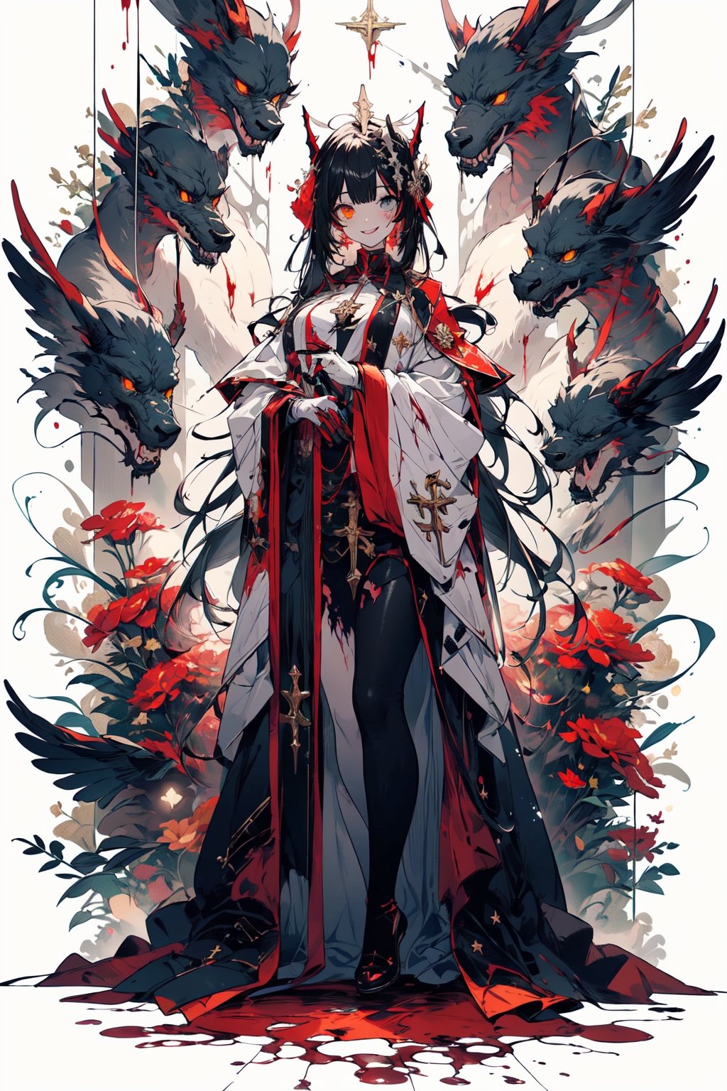 ((masterpiece)), (best quality), (ultra detailed) 1 girl, Surrounded by demons, he is covered in blood and dressed in a tattered white priest's uniform.（Battle）White priest with a crazy smile working, glitter, heterochromia, perfect medium breast,High detailed ,midjourney, fullbody,