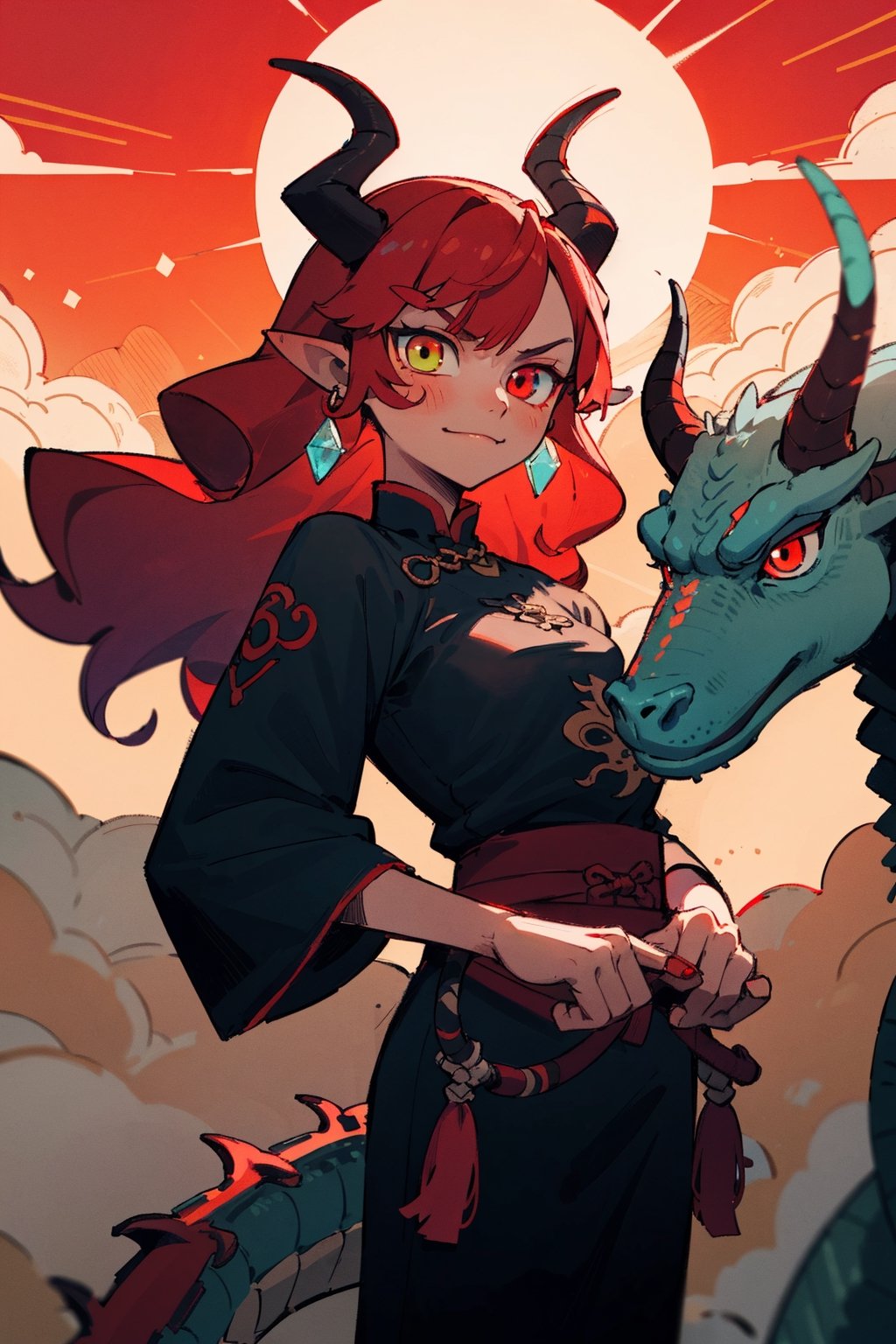 (masterpiece, best quality, ultra-detailed, best shadow), dragon woman, long hair, friendly face, light blue martial arts master outfit, light red hair, dragon horns with red tips, dragon tail, light red eyes, pointed horns, small breasts, beautiful, the woman who reflects the sun, the emperor's right hand, tail attached to the body, The master of manipulation, chinese temple,pointy ears,serious face , calm smile ,red tail with light blue parts,dragon horns, gold jewelry, silver ring, diamond chain,Rich woman, heterochromia, perfect medium breast, glowing eyes,Pixel art,(best quality