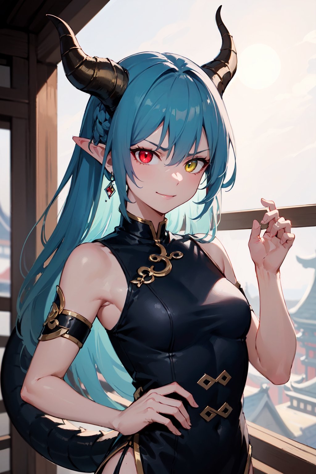 (masterpiece, best quality, ultra-detailed, best shadow), dragon woman, wingless, long hair, friendly face, light blue martial arts master outfit, light red hair, dragon horns with red tips, dragon tail, light red eyes, pointed horns,small breasts, beautiful, the woman who reflects the sun, the emperor's right hand, tail attached to the body, The master of manipulation, chinese temple,pointy ears,serious face , calm smile ,red tail with light blue parts,dragon horns, gold jewelry, silver ring, diamond chain,Rich woman, heterochromia, perfect medium breast, glowing eyes