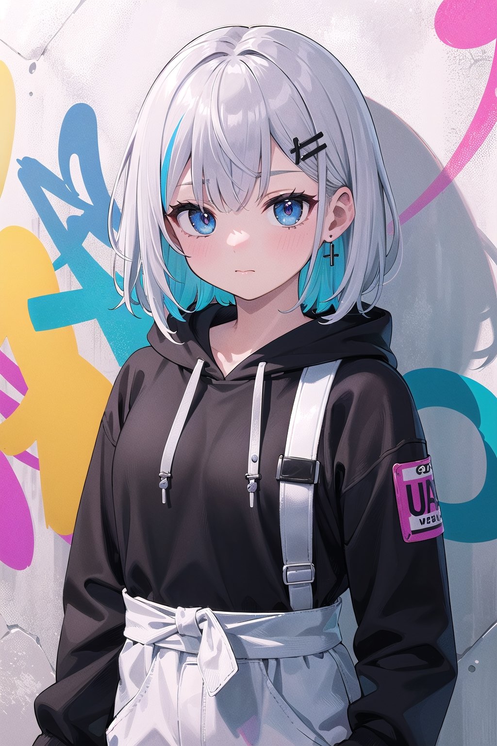 ((masterpiece)), (best quality), (ultra detailed), high quality, highres, absurdres, ultra-detailed, 8k, 1girl, platinum grey hair, blue hair, multicolored hair, gradient hair, looking at viewer, colorful eyes, colorful hoodie, (graffiti murals wall background:1.15), brilliant colorful paintings, bloom, portrait, cross hair ornament, closed mouth, waist bag, against wall, bangs, shadow, reflection