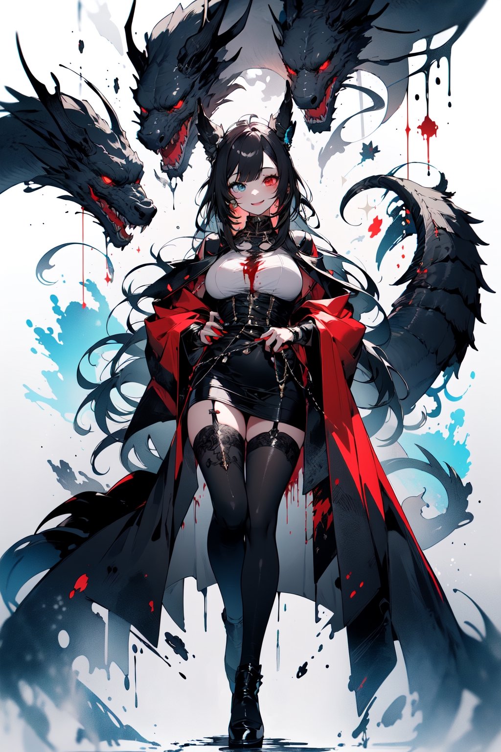 ((masterpiece)), (best quality), (ultra detailed) 1 girl, Surrounded by demons, he is covered in blood and dressed in a tattered white priest's uniform.（Battle）White priest with a crazy smile working, glitter, heterochromia, perfect medium breast,High detailed ,midjourney, fullbody,