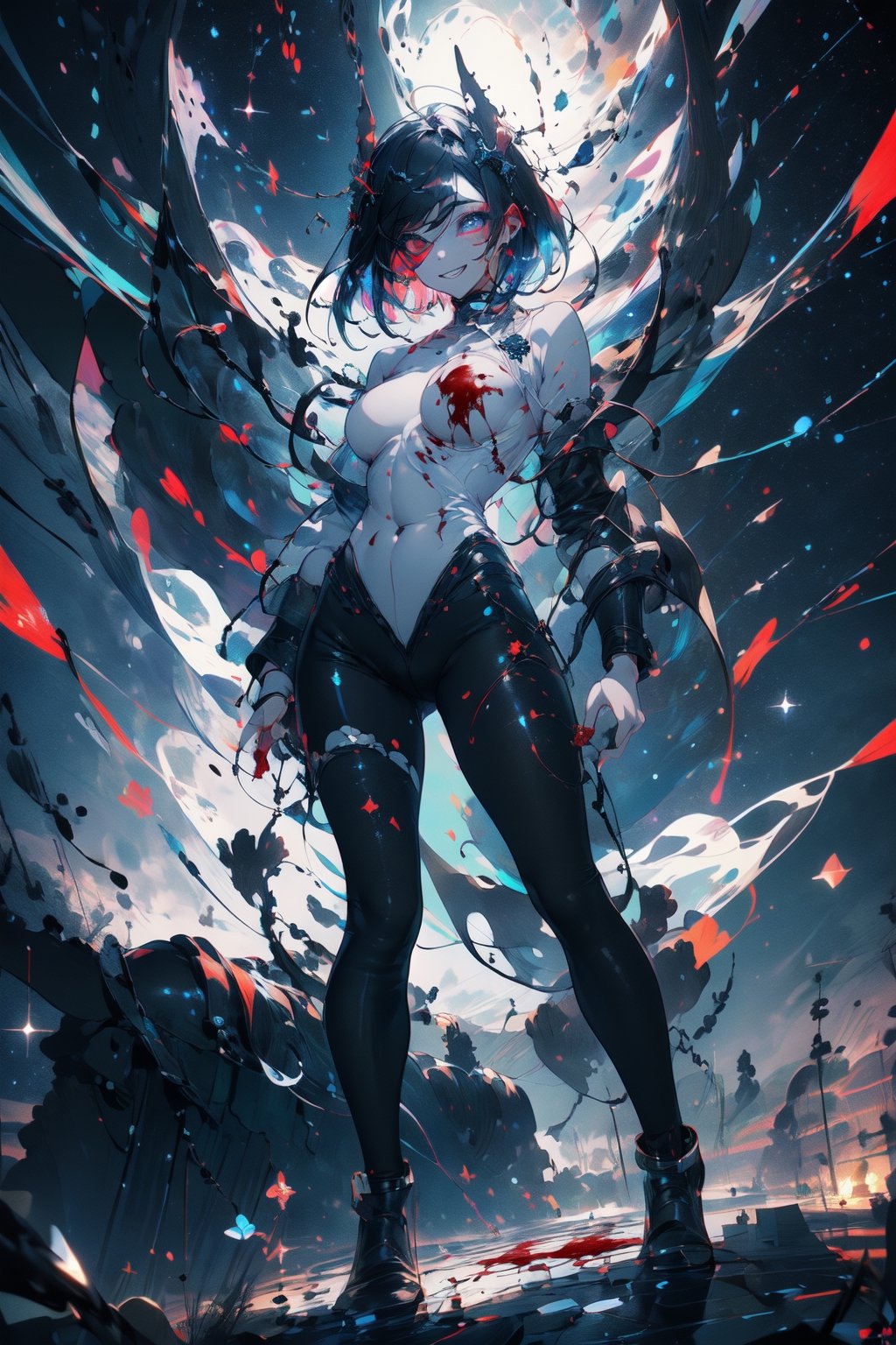 ((masterpiece)), (best quality), (ultra detailed) 1 girl, Surrounded by demons, he is covered in blood and dressed in a tattered white priest's uniform.（Battle）White priest with a crazy smile working, glitter, heterochromia, perfect medium breast,High detailed ,midjourney, fullbody, night sky background