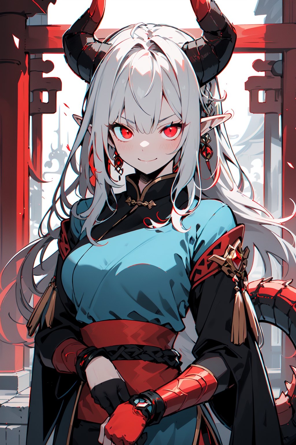 (masterpiece, best quality, ultra-detailed, best shadow), dragon woman, long hair, friendly face, light blue martial arts master outfit, light red hair, dragon horns with red tips, dragon tail, light red eyes, pointed horns, small breasts, beautiful, the woman who reflects the sun, the emperor's right hand, tail attached to the body, The master of manipulation, chinese temple,pointy ears,serious face , calm smile ,red tail with light blue parts,dragon horns, gold jewelry, silver ring, diamond chain,Rich woman, heterochromia, perfect medium breast, glowing eyes,Pixel art,(best quality,niji,SAM YANG
