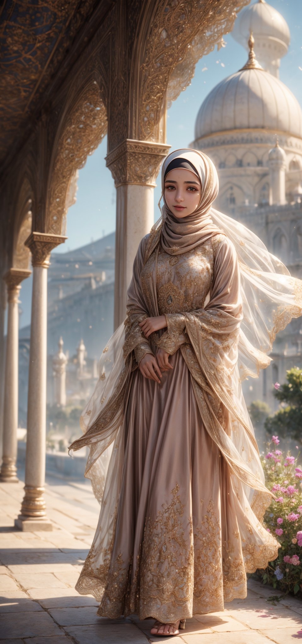muslim girl, 21 years old , beautiful face, ((long hijab fluttering in the wind, does not show the hair, only the face is visible)), islamic costume, Holding a pen, brown eyes, close-up, magical aura, standing in a garden on a mountain, masterpiece, daylight_sky, cloudy sky, full_body,1 girl, mole_under_eye, 