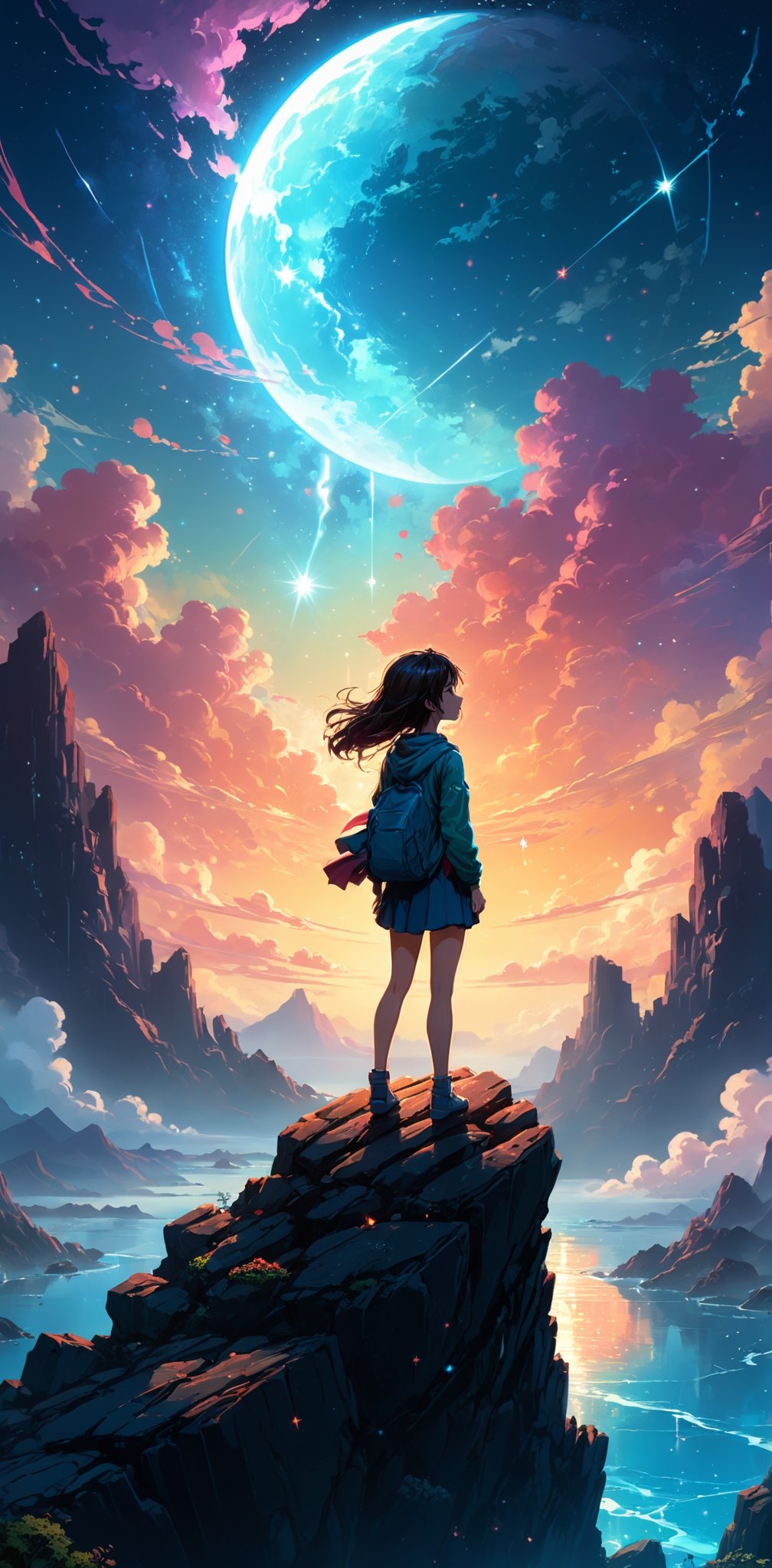 (absurdres, highres, ultra detailed), extremely detailed CG unity 8k wallpaper, 

anime girl standing on a rock looking at a star filled sky, makoto shinkai cyril rolando, anime art wallpaper 4k, anime art wallpaper 4 k, anime art wallpaper 8 k, cosmic skies. by makoto shinkai, inspired by Cyril Rolando, in the style dan mumford artwork, amazing wallpaper, by Yuumei


dynamic background, 4k resolution, masterpiece, best quality, Photorealistic, whimsical, illustration by MSchiffer, cinematic lighting, Hyper detailed, atmospheric, vibrant, dynamic studio lighting, wlop, Glenn Brown, Carne Griffiths, Alex Ross, artgerm and james jean, spotlight, fantasy, surreal
