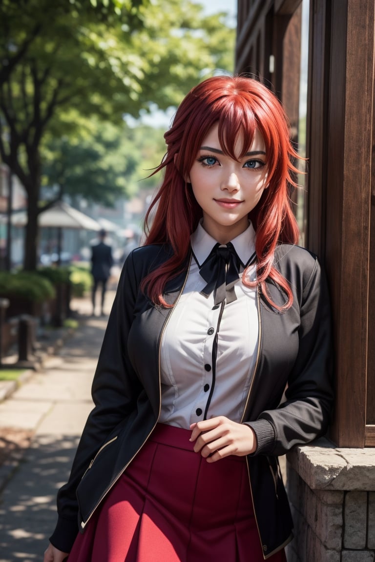 A close-up shot frames Rias Gremory's mesmerizing gaze as warm sunlight dances across her turquoise-blue eyes, defined eyebrows, and subtle smile. Her fiery ahoge creates a striking contrast to her serene expression against the backdrop of a school uniform: black jacket, red skirt flowing behind her, and buttoned shirt. more detail ,ahoge:1.5, red skirt, black jacket, riasgremory, 