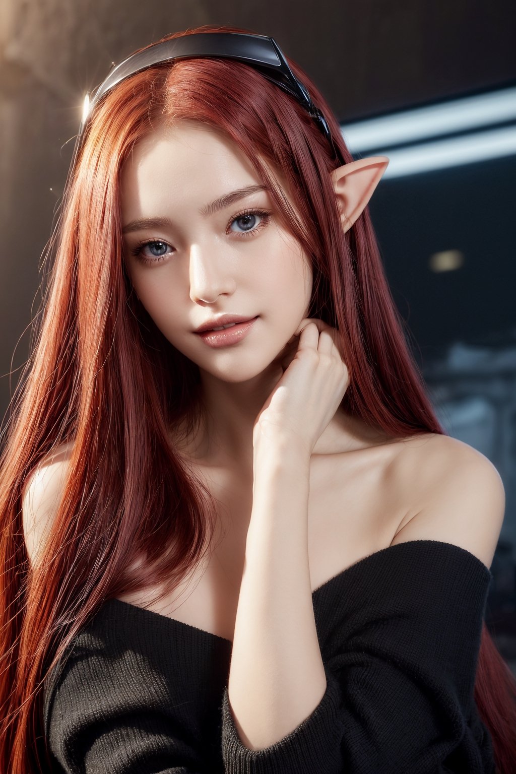 masterpiece, best quality, photorealistic, raw photo, 1girl, long RED hair,black cybersuit, in a repair shop, light smile, detailed skin, pore, off_shoulder, sci-fi, elf_ears:2, long_ears:2, hands,realhands, upper armor, dark skin, cyberpunk, black pants, two arms, (perfect hands), topless:2, nipples:2