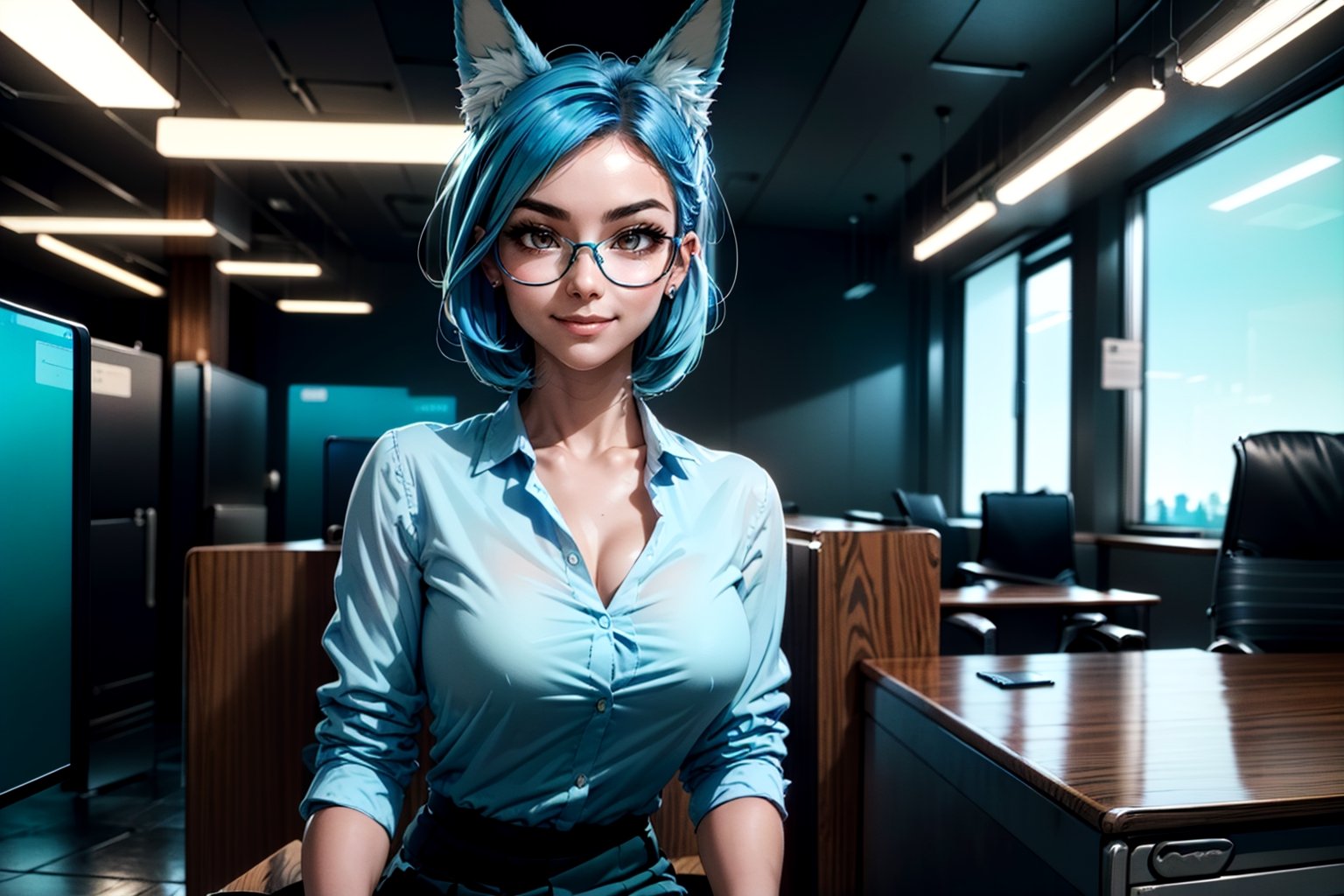 (1girl:2), (solo:1.5), official art, unity 8k wallpaper, ultra detailed, beautiful and aesthetic, beautiful, masterpiece, best quality, dynamic angle, vivid colours, (wearing glasses:1.5),(smile:1.5), (sitting behind a large desk:2), glass desk, (sci-fi office:2), office chair, copmuter, (mini_skirt:1.5), (metal walls:1.5)

(fox ears:2), 1girl, 23yo, high ponytail, ([long] blue straight hair:1.5), huge natural breasts, narrow waists, (dress_shirt:1.5), (blue hair:2)

 [very] sexy pose, [cinematic shot], cinematic lighting,  wide shot,
(normal body structure):1.2, (correct proportions):1.2, (normal limbs and fingers):1.2, (better_hands):1.3, 
masterpiece, best quality, high resolution, han-hyoju,High detailed , full_body:2,koh-yunjung