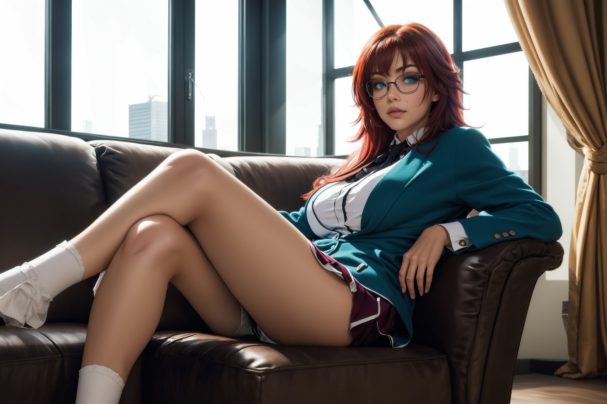 Rias Gremory reclines on a plush couch, legs crossed, crimson locks styled to perfection as she gazes off-camera with sultry intensity. Turquoise-blue eyes sparkle in soft, natural lighting that highlights moles and beauty marks on her skin. chool uniform clad, glasses perched on her nose, she exudes authority in full-body pose amidst sleek furniture and a large window framing the city's towering skyscrapers and bustling streets.