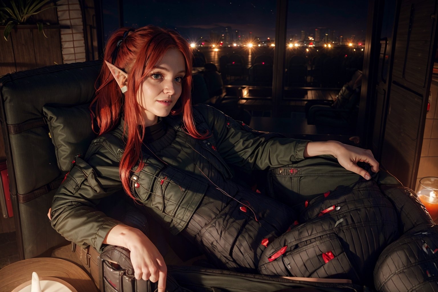 beautiful female, 28yo, crimson hair, red eyes, medium hair, ponytail, glowing bulb, high detailed skin:1.2), 8K, UHD, soft lighting, high quality, film grain, big_breast, elven:1.8, smile. pointed_ears:1.8, elven_ears:1.8, elf_ears:1.5, (elf_species:1.5), full_body:1.8, thin_legs:1.5, thin_waist:1.5, wide_shot:1.5, (private lounge:2), (cargo pants:2), (hallter top;2), sitting:2, sitting on couch:2, jacket:2, ,eexpr,better_hands