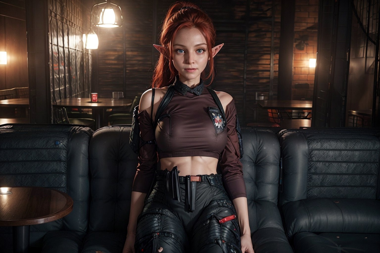 beautiful female, 28yo, crimson hair, red eyes, medium hair, ponytail, glowing bulb, high detailed skin:1.2), 8K, UHD, soft lighting, high quality, film grain, big_breast, elven:1.8, smile. pointed_ears:1.8, elven_ears:1.8, elf_ears:1.5, (elf_species:1.5), full_body:1.8, thin_legs:1.5, thin_waist:1.5, wide_shot:1.5, (private lounge:2), (cargo pants:2), (hallter top;2), sitting:2, sitting on couch:2