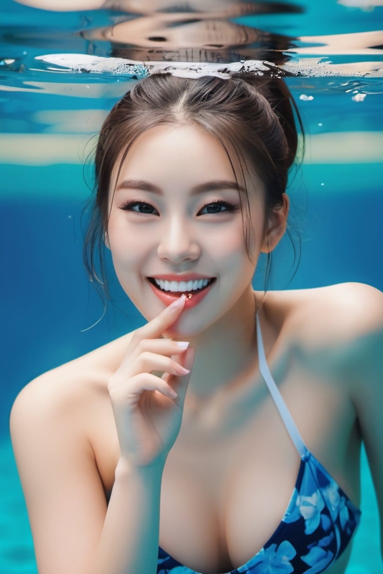 beautiful asian girl, realistic face, blowing kiss gesture, swimming under water, looking_at_viewer, natural smile, white teeth, pale skin