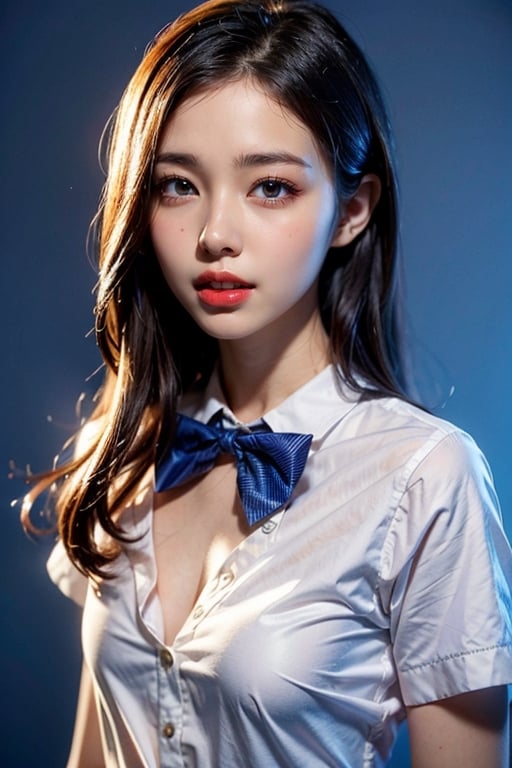 ((best quality)), ((masterpiece)), (detailed), (realistic),(Blue background),Slender, skinny, Flat Chest, small breasts, ,Red lips and white teeth,school uniform,bow tie ,sharp focus on eyes,Korean girl