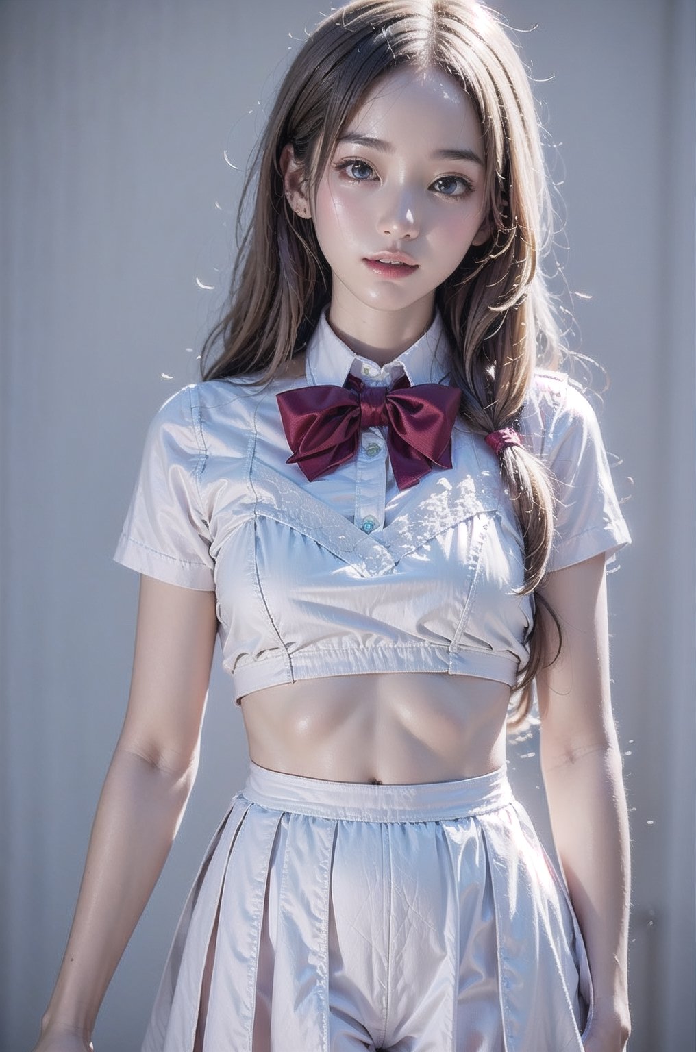 ((best quality)), ((masterpiece)), (detailed), (realistic),(Blue background),Slender, skinny, Flat Chest, small breasts, ,Red lips and white teeth,school uniform,bow tie ,sharp focus on eyes,Korean girl