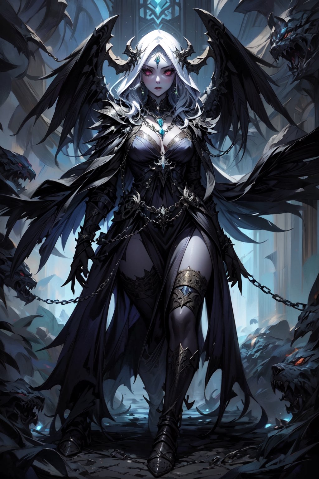 Create a (full shot:1.4)  ,monster (solo:1.5)Seraphim, including hood, hand armors, leg armors, necklaces, chains, giant,drow