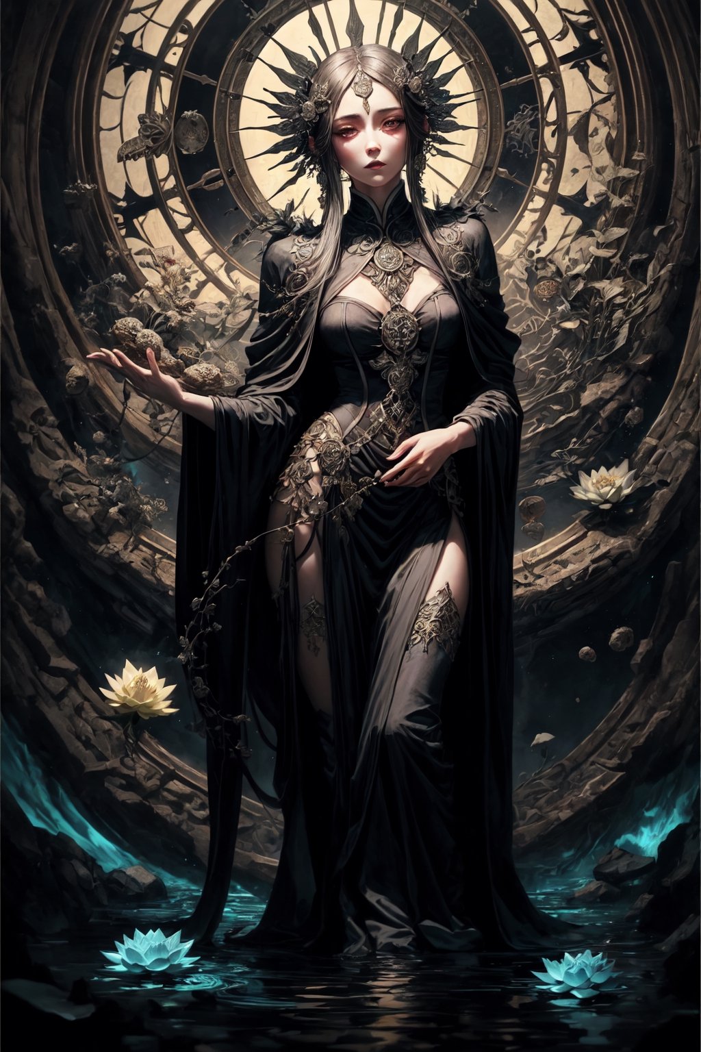 illustration, infinite landscape, frigid illumination, ingeniously designed, fascinating elegance,divine ratio , deep penumbra, subdued luminosity, Installation Art, Metal, a spectral woman in a flowing Black gown with, Nezha sorceress, lotus root mag,Circle,TifaFF7