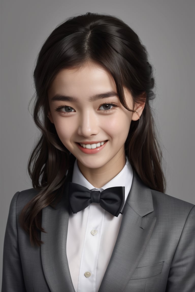 ((best quality)), ((masterpiece)), (detailed), (realistic),grey background,laughing,business suit,bow tie ,1girl,