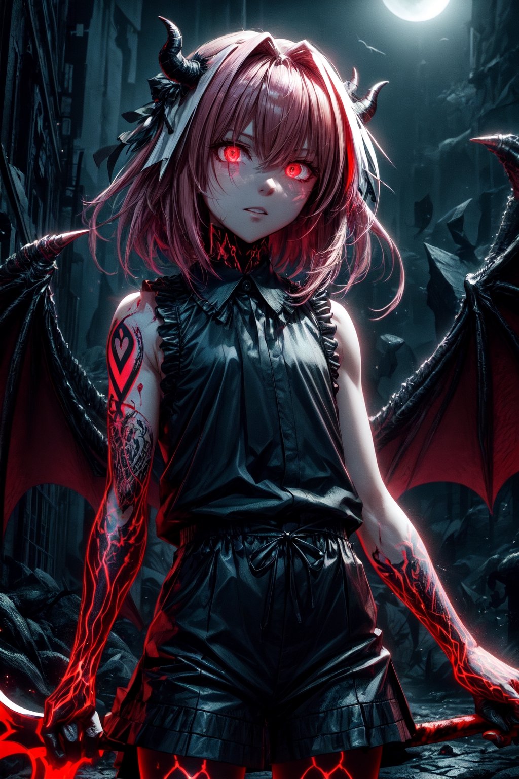 astolfo_(fate), flying, evil, dark, scary, red glowing eyes, holding scythe, covered in blood, facing at viewer, night, hell, demon, anaglyph, stereogram, tachi-e, pov, atmospheric perspective, 8k, super detail, accurate, best quality, demon face, dragon wings, (Hands:1.1), better_hands, glowing body tattoos, horrifying ,glowingveins, red theme, flat_chest, badass sleeveless jacket, 