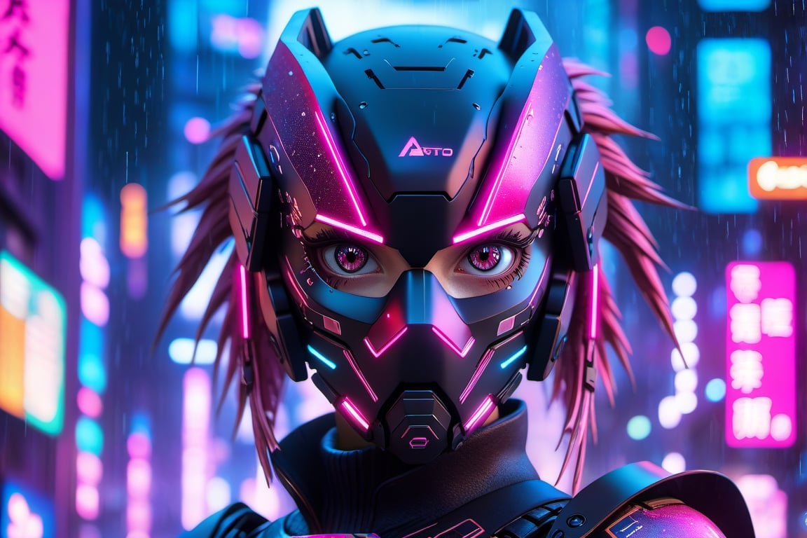 astolfo_(fate), High detailed ,cyberpunk, Color magic, glitter, facing_viewer, high_resolution, 8k, cybernetic, cyber city ,night city ,cyberpunk style ,robotic_arms, hackedtech, raining ,More Detail, cyber mask, pink_eyes, facing_viewer, cyberpunk style